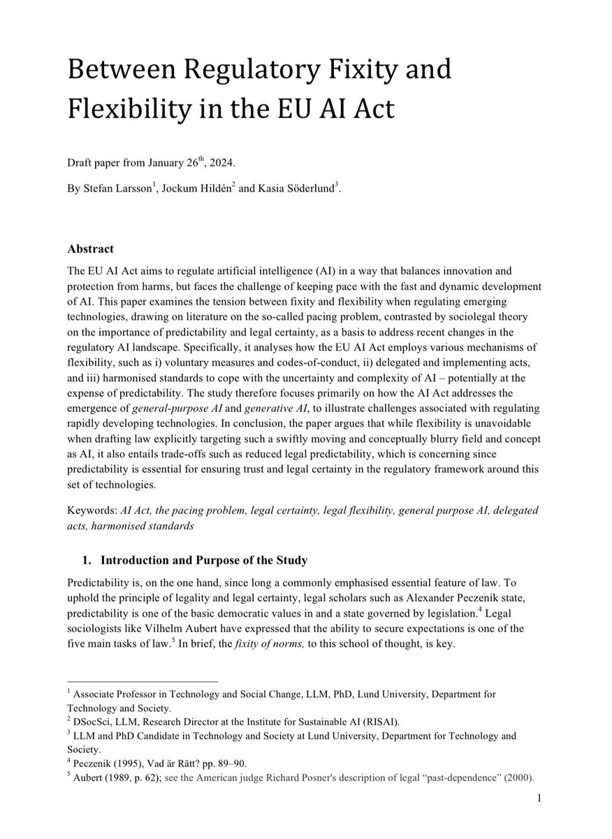 Stefan Larsson (@digitalsocietyl) on Twitter photo Curious about the moving parts of the AI Act and their implications? Check out our draft paper, ”Between Regulatory Fixity and Flexibility in the EU AI Act”.
lucris.lub.lu.se/ws/portalfiles…
By me, <a href="/jockumhilden/">Jockum Hildén</a> & Kasia Söderlund <a href="/lunduniversity/">Lund University</a> <a href="/risai_se/">RISAI.SE</a> <a href="/futurenordics/">Future Challenges in the Nordics</a> <a href="/wasp_hs/">WASP-HS</a> Curious about the moving parts of the AI Act and their implications? Check out our draft paper, ”Between Regulatory Fixity and Flexibility in the EU AI Act”.
lucris.lub.lu.se/ws/portalfiles…
By me, <a href="/jockumhilden/">Jockum Hildén</a> & Kasia Söderlund <a href="/lunduniversity/">Lund University</a> <a href="/risai_se/">RISAI.SE</a> <a href="/futurenordics/">Future Challenges in the Nordics</a> <a href="/wasp_hs/">WASP-HS</a>