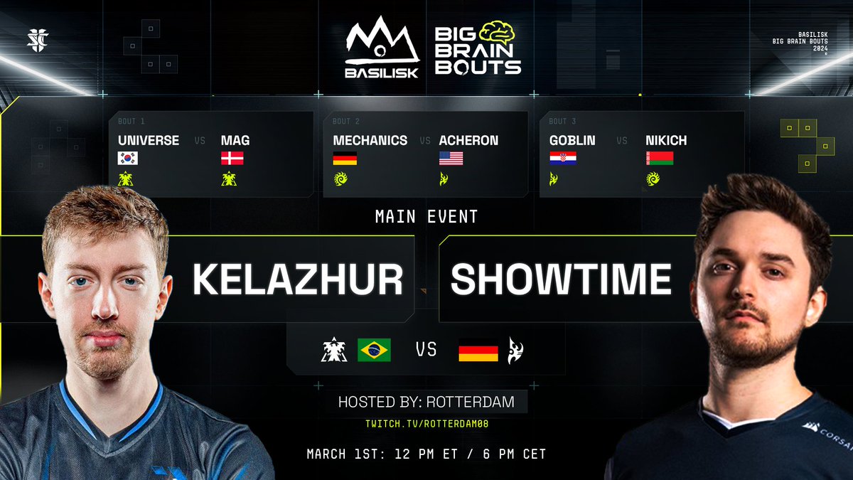 BASILISK_gg's tweet image. The BASILISK Big Brain Bouts #52 lineup is in!

🧠Boost your mental fortitude with SC2🧠

@sc2universe |VS| @Mag_sc2
@Mechanics76 |VS| Acheron
@goblinsc2 |VS| Nikich
@Kelazhur |VS| @ShoWTimESC2

Hosted by @RotterdaM08
Friday, March 1st, 12pm ET / 6pm CET