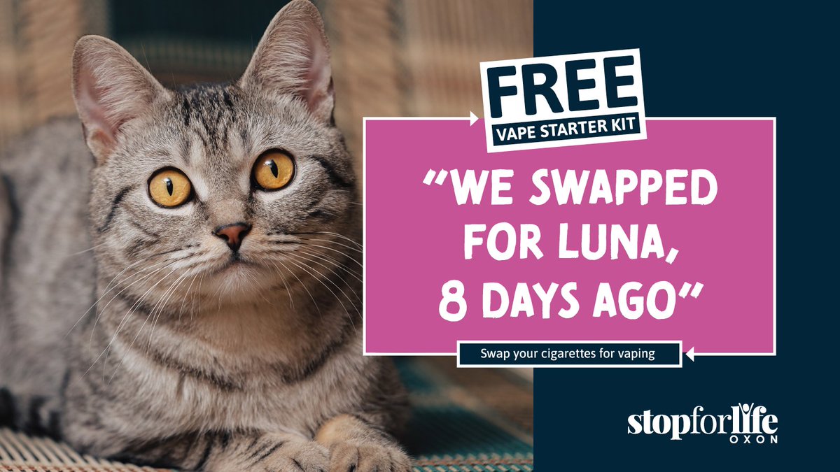 Who would you swap for? Join the 30-day challenge and swap your cigarettes to a vape. Everything you need, and as much support as you want. Free, reusable vapes are available, with help you’re 3X more likely to quit for good. Get yours at stopforlifeoxon.org/30DaySwap