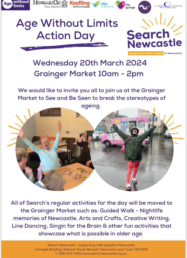 Anyone local to the North East why not join our @EnCOP_Workforce friends from @SearchNewcastle at their @agewithoutlimits action day event below. #breakingstereotypesofageing #seeandbeseen