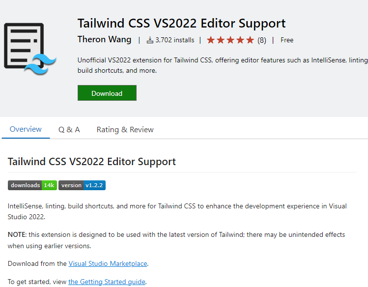 Finally, someone released a Tailwind CSS intelliSense extension for Visual Studio 2022. Much better DX now for anyone building ASP .NET apps. Only requires a tailwind.config.js file in your app.