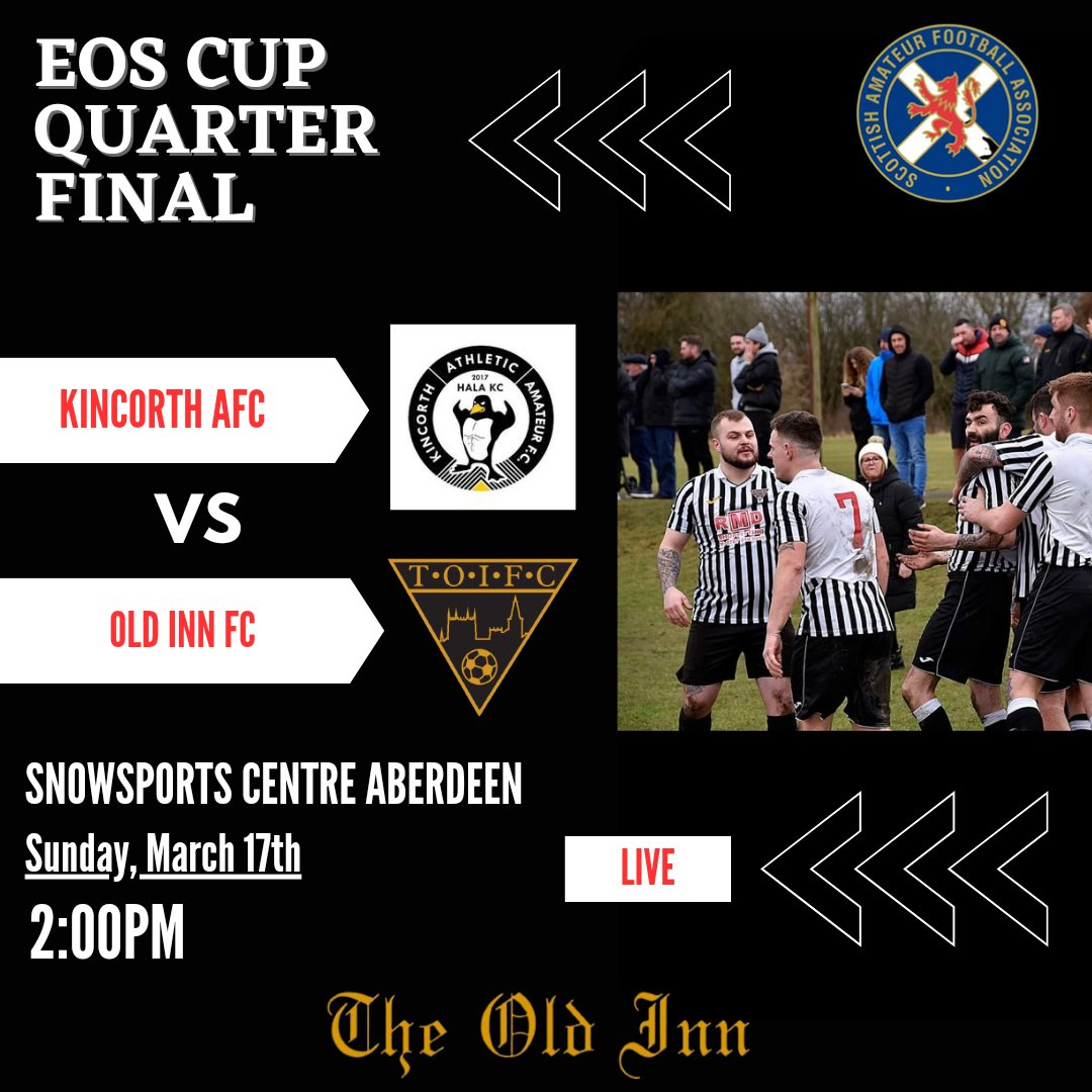 Oldinnfc's tweet image. ⚽️🏆EAST OF SCOTLAND QUARTER FINAL🏆⚽️

The lads have been drawn away from home Against Kincorth Athletic.

We will be running a bus to the game if you would like a seat then please get in touch! The support would be appreciated!

Come on The Old Inn fc!! 🖤🤍⚽️🏆
@ScotAmFAEastS
