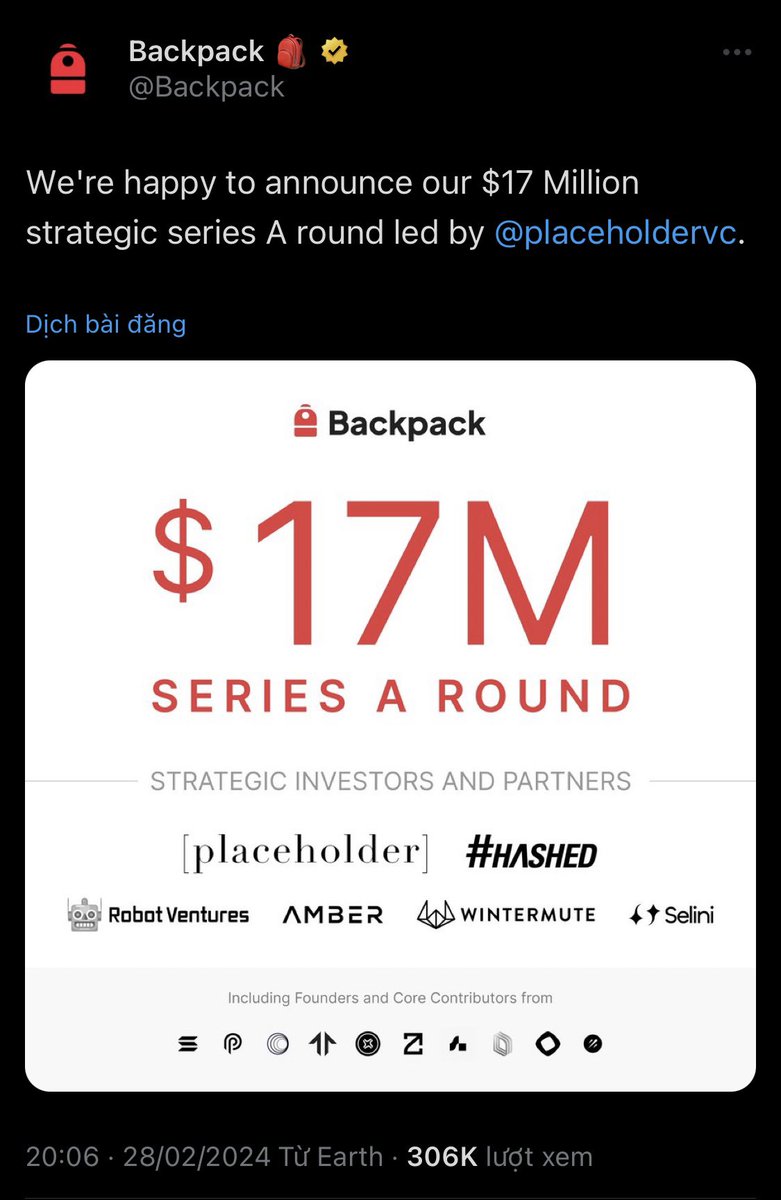 Trong_Hatachi's tweet image. Backpack vừa Raise thêm 17M$ vòng Series A
☘️Từ 1 số quỹ lớn như : Placeholder, #HASHED, Robot Venture, WinterMute...
Tổng raise được 37M$
✅ Gọi Vốn 37M $
✅ Là Sàn Cex như Bianace, OKX 
✅ Backers: Jump Capital, Multicoin Capital, FTX..
✅ Chưa có token
✅ Là chủ…