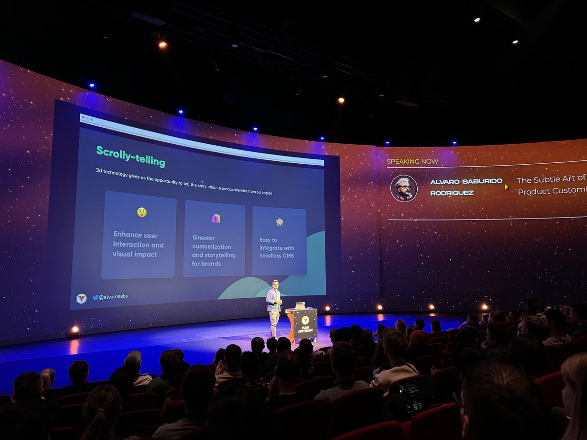 colin_scz's tweet image. Now @alvarosabu is up at @vuejsamsterdam - he is showing us how to create 3D experiences by using @tresjs_dev and all that by using Vue components 💚😱#vuejsamsterdam