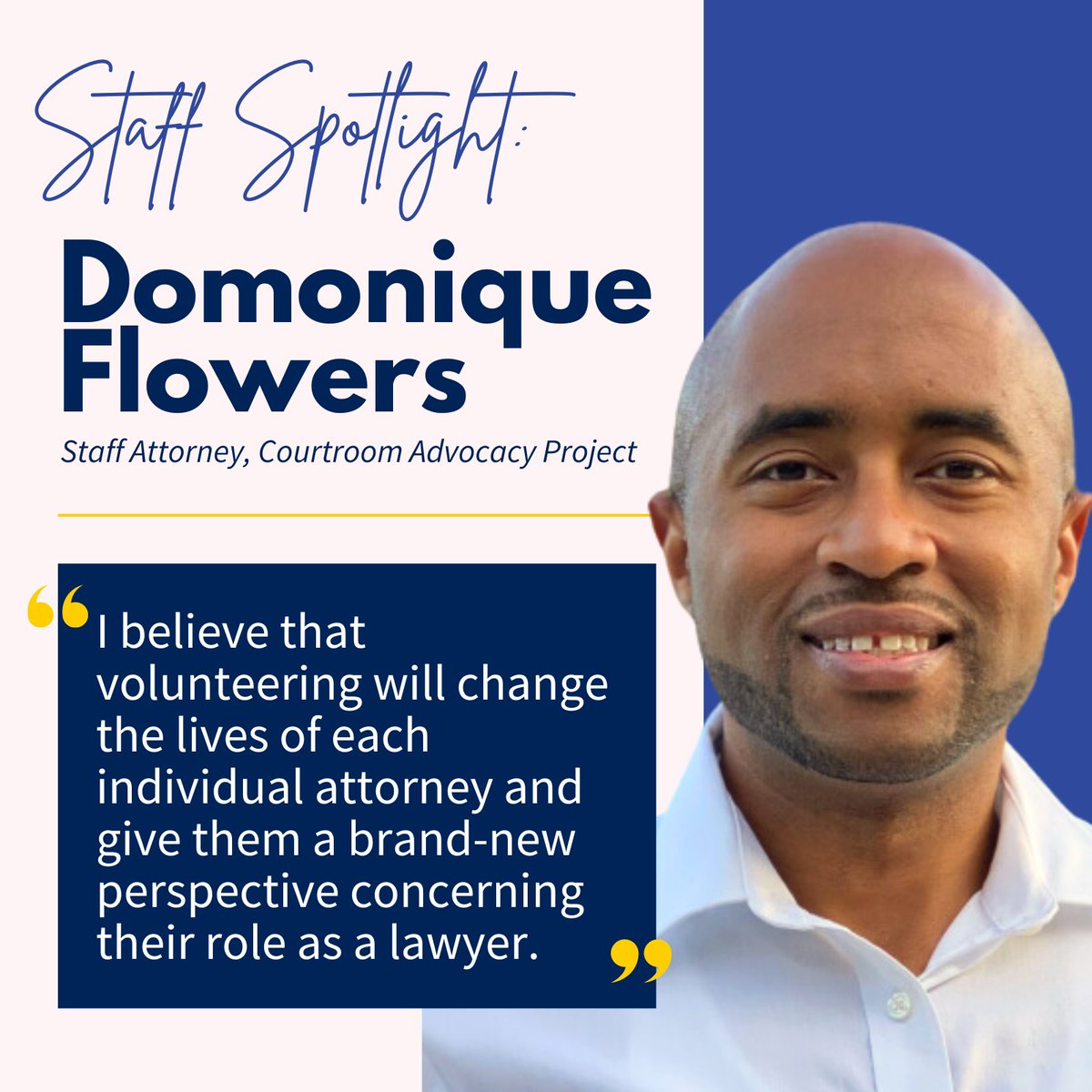 Get to know Domonique Flowers, an attorney with PBRC’s Courtroom Advocacy Project since 2022, who you can find working at PBRC’s limited scope courthouse-based pro bono clinics for consumers and tenants! probonomd.org/staff-profile-….