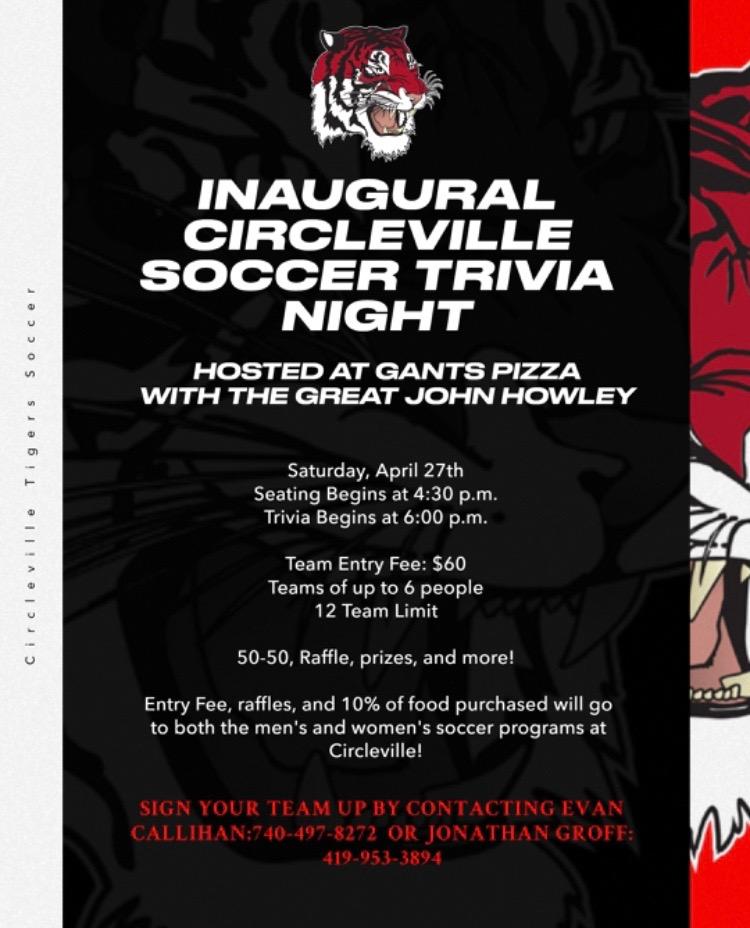 VilleLadySoccer's tweet photo. Circleville Soccer will be hosting a trivia night to benefit both the men's and women's programs! Spread the word and plan to join us for a fun evening filled with trivia, food, and prizes! https://t.co/CFkVleu96z