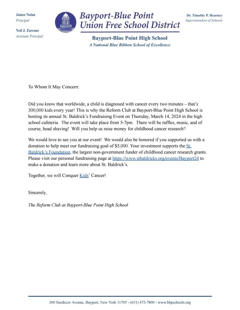BPESchool's tweet photo. #BBP is proud to once again support St. Baldrick's! Check out the flyer/letter/donation form to see how you can help and/or be involved.
#BBPcares #BelongBelievePossible #BBPcommunity https://t.co/QXHpz2Kl0e