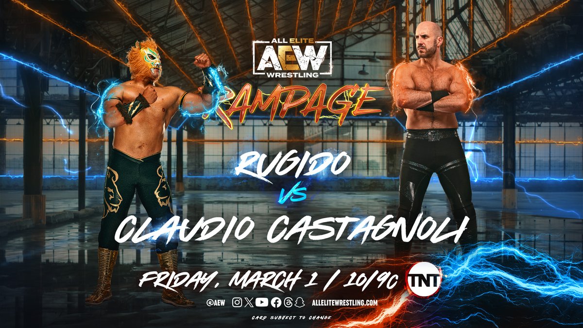AEW's tweet image. Watch Friday Night #AEWRampage at 10pm ET/9pm CT on TNT!

• @ClaudioCSRO v @cmll_oficial’s @rugido_luchador
• #Riho v @TrishAdora202
• @MattSydal v @Magnus_CMLL
• #TheRighteous (@NoNamexVincent @DEATHxWALKS) &amp;amp; @LanceHoyt in ACTION!