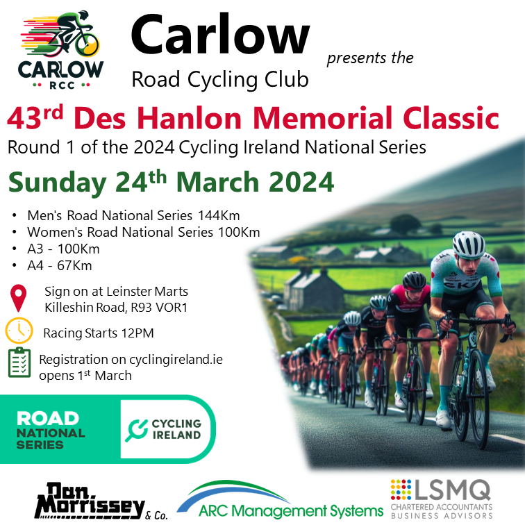 CarlowCycling's tweet photo. The Des is coming... 
Entries open March 1st
🗓 put it in your diary
#TheDes24
@CyclingIreland https://t.co/3YY97Z7qyX