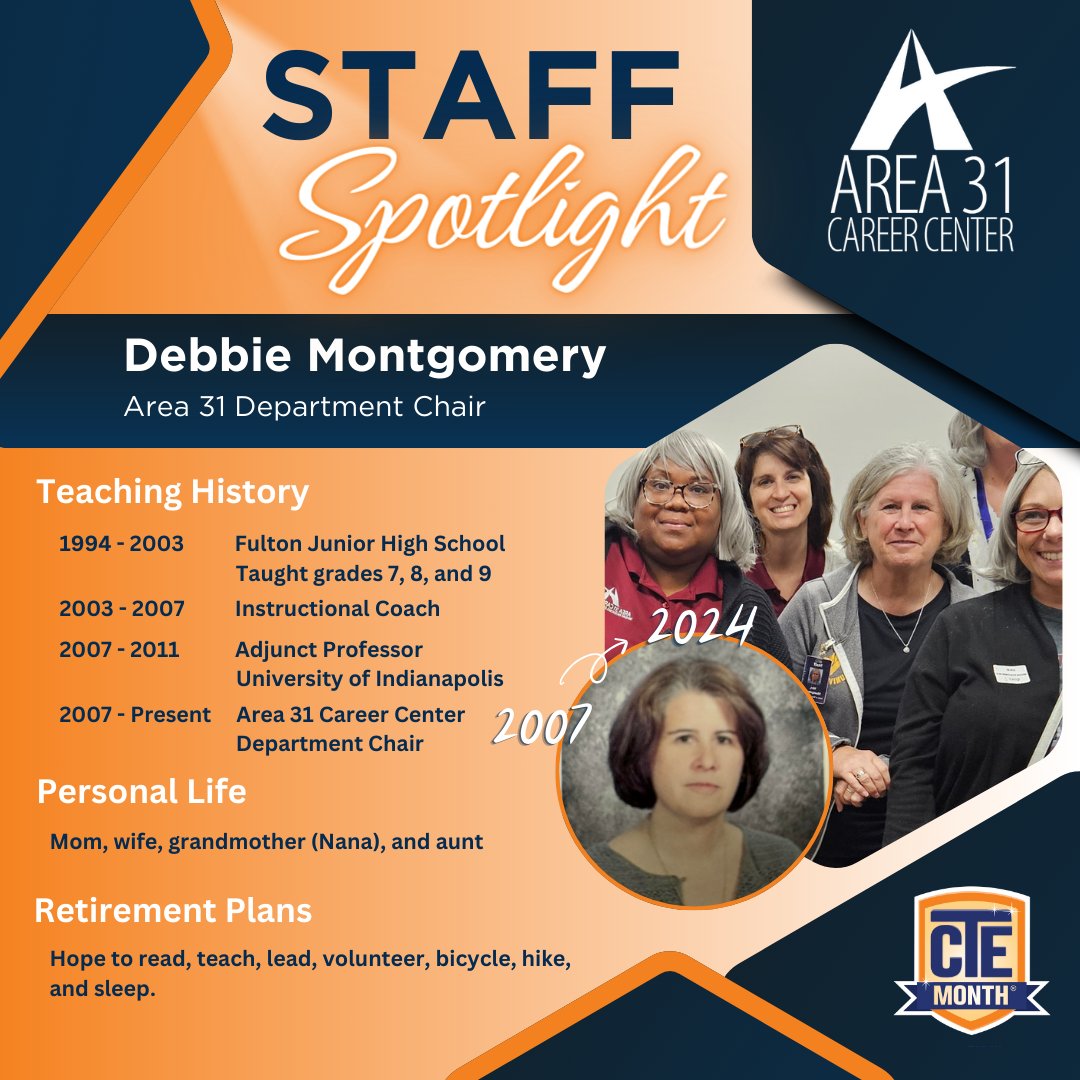 Area 31 would not be what it is today without the hard work and dedication of Debbie Montgomery. Her selfless spirit and kind heart will be missed as she retires at the end of this school. Thank you, Debbie, for your service to our staff and to our students. #CTEMonth #CTEWorks