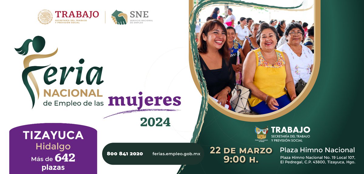 El próximo 🗓 22 de marzo se celebrará la #FeriaNacionalDeEmpleo en #Tizayuca, con motivo del Día Internacional de la Mujer en la que participarán 38 empresas con más de 800 vacantes.