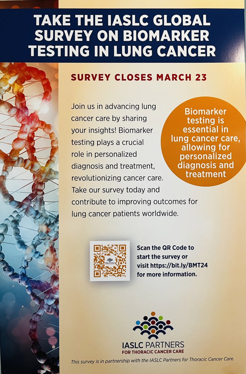 Please take a minute to fill out the survey on #BiomarkerTesting. This will help understand the gaps, and define our efforts moving forward globally, to personalize therapy in #NSCLC @IASLC @karenkellymd @MattSmeltzer iaslc.org/research-educa…