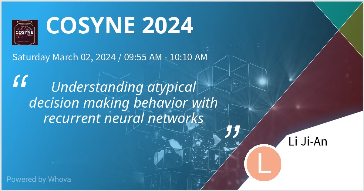 I am speaking at COSYNE 2024. Please check out my talk if you're attending the event! #cosyne2024 #cosyne24 - via #Whova event app