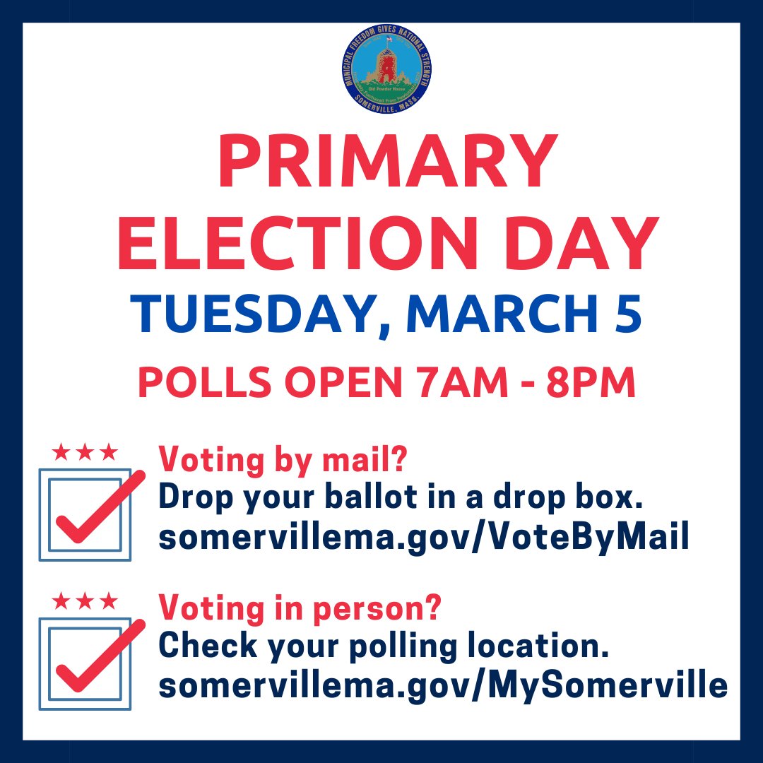 Today, March 5, is Primary Election Day. -Polls are open until 8pm. Find your polling place: somervillema.gov/mysomerville -Vote-by-mail ballots must be placed in a dropbox or hand-delivered to Elections at City Hall (93 Highland Ave.) before 8pm. More info: somervillema.gov/elections