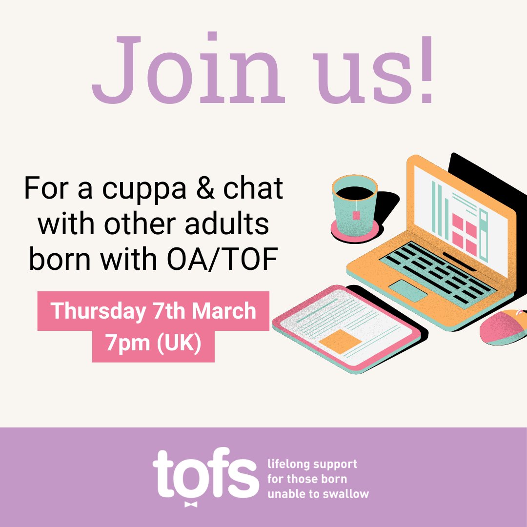 Join adults born with OA/TOF for a virtual chat (Thurs, 7 March). This is an informal, safe and supportive space to meet others born with a similar condition. This is led by our volunteers, who are also adults born with #OA / #TOF Book now: us02web.zoom.us/meeting/regist…