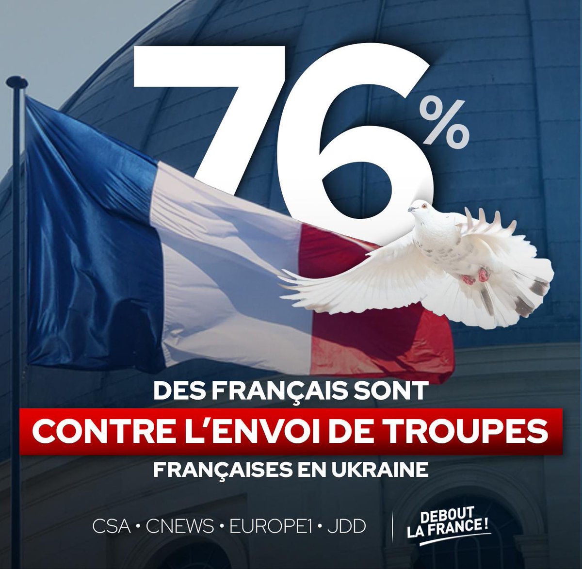dupontaignan's tweet photo. 76% des Français sont contre l'envoi de troupes françaises. La Russie et l'Ukraine étaient déjà tombées d'accord sur un plan de paix à Istanbul en mars 2022 ! Arrêtons l'escalade, cette guerre peut cesser dès demain. https://t.co/B904XWU5NS