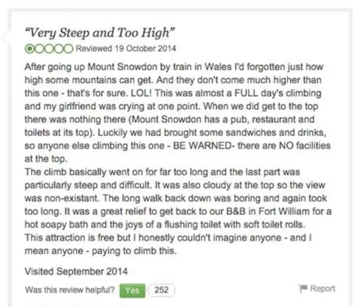 SoVeryBritish's tweet photo. Never forget the person who gave Scotland’s highest mountain a bad review for being too steep and not having a restaurant on top. https://t.co/TMbdcy6dsq