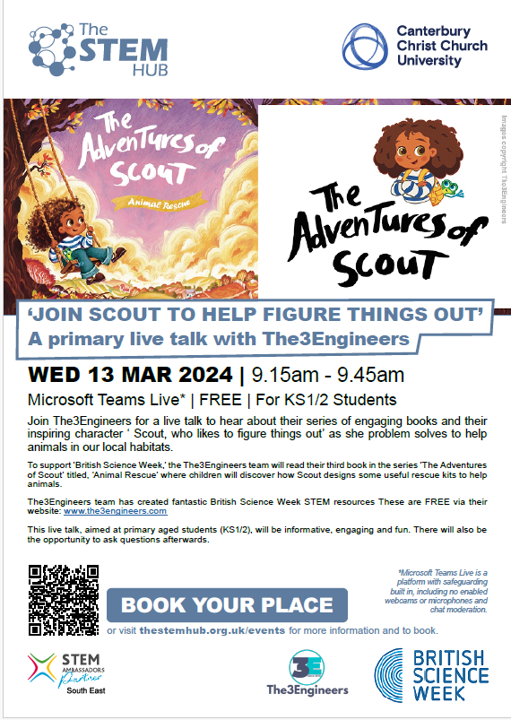 Join @the3engineers live reading their 3rd book in the series ‘The Adventures of Scout’ titled ‘Animal Rescue’. #Primary #students will discover how Scout designs rescue kits to help animals DATE: 13 Mar, 9.15-9.45am tinyurl.com/ytsza73u #teachers #parents #STEM @BritSciAssoc