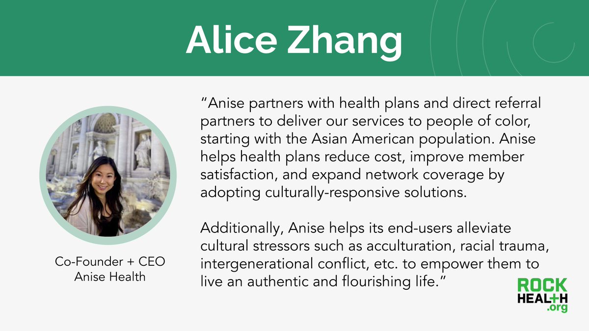 2023 RockHealth.org Innovation Fellow, Alice Zhang is the Co-Founder and CEO of Anise Health. Anise Health is a digital platform offering culturally-adapted virtual mental health care for people of color. Learn more about Alice's work: rockhealth.com/team/alice-zha…