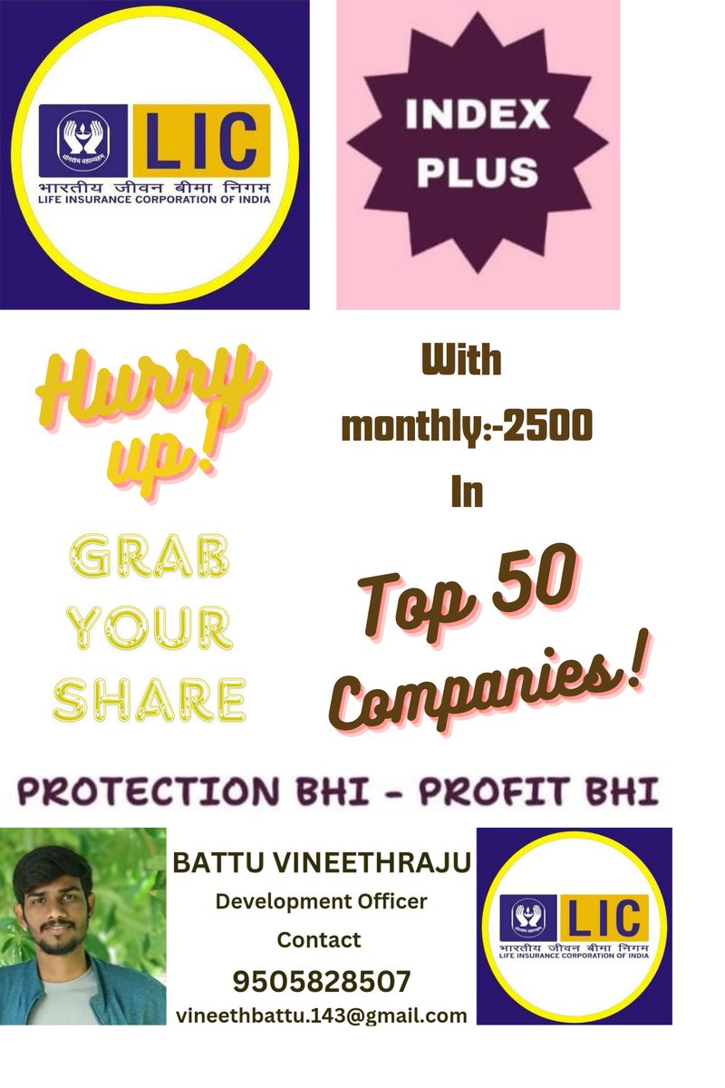 winnyraj02's tweet image. Grab your shares in Top-50 Companies.
Investment and Insurance!
#indexplus #LIC
