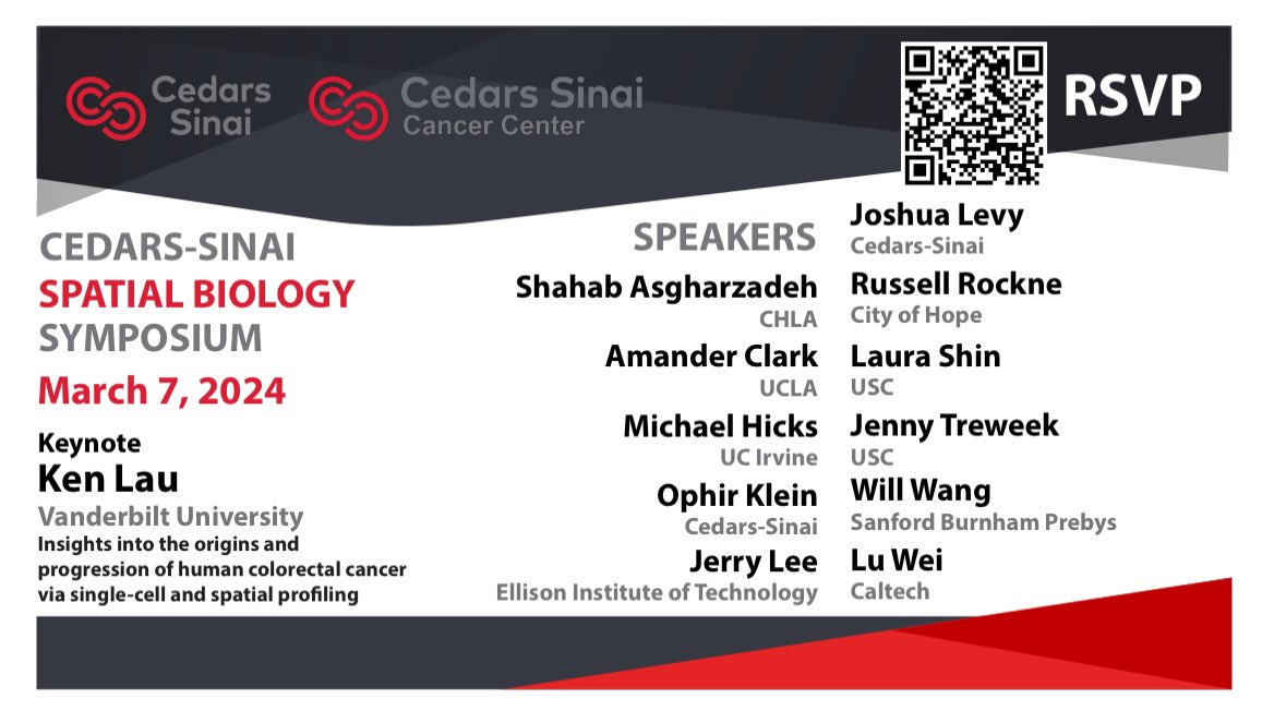 Hello spatial bio folks! 

Happy to announce the 2nd Annual Cedars-Sinai Spatial Biology Symposium, next Thursday March 7! 

RSVP to join us in LA in person or virtually, for spatial this, spatial that, and all the spatial others!
forms.office.com/r/8tEaZ1ZT8N