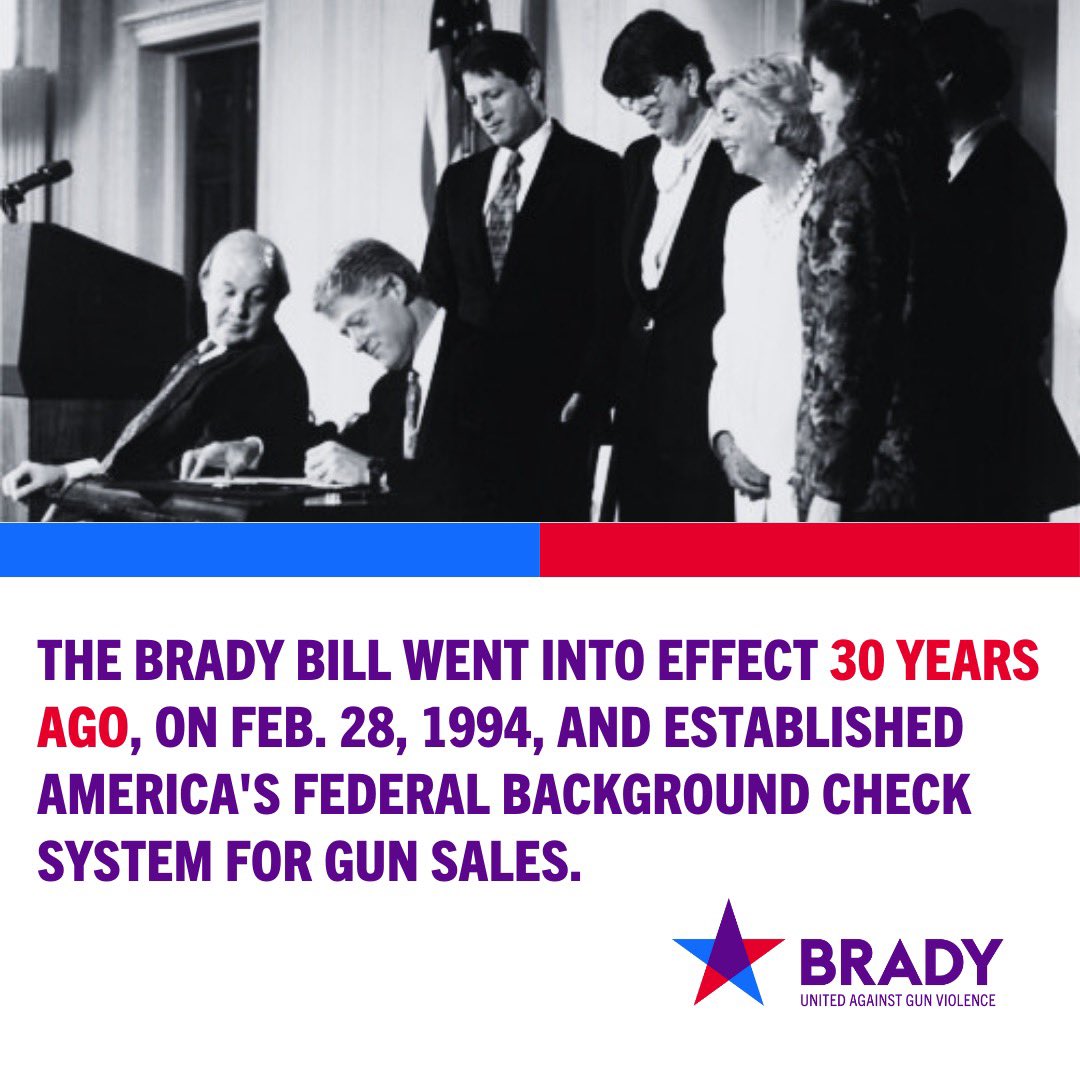 30 years ago, the Brady Bill was signed into law, thanks to Jim and Sarah Brady. Today, we urgently need more bold action to prevent gun violence. Congress must pass legislation like the Assault Weapons Ban to make our communities safer and honor survivors and those we've lost.