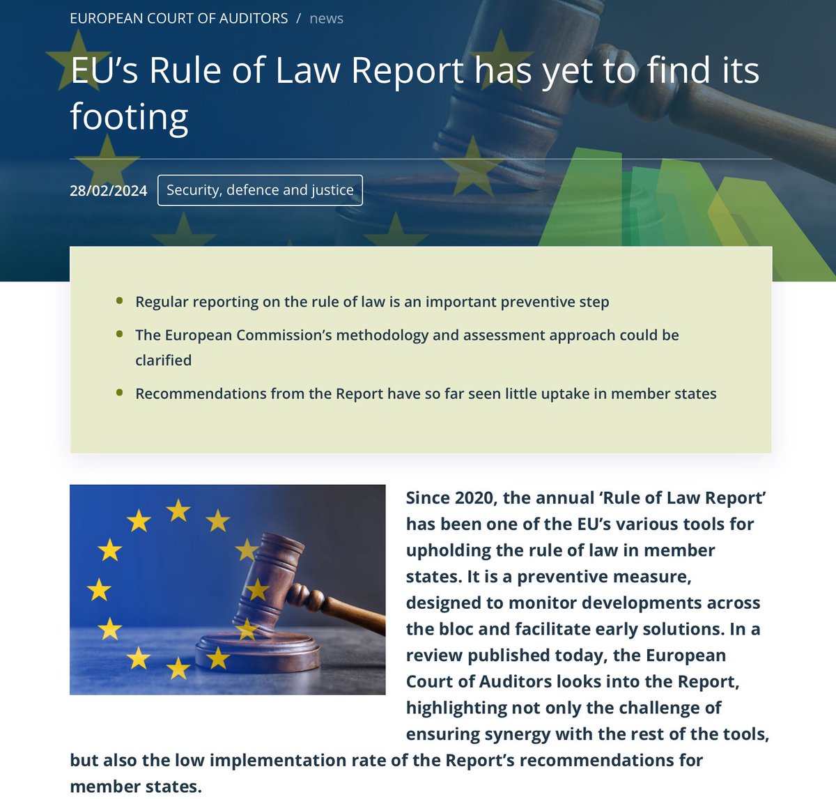 #RuleOfLaw New review by @EUauditors on regular annual reporting by EU Commission on the rule of law ☑️ an important preventive step ⚠️ methodology and assessment approach could be clarified ‼️ little uptake in member states 🔗 Review and press release in 24 🇪🇺 languages ⬇️