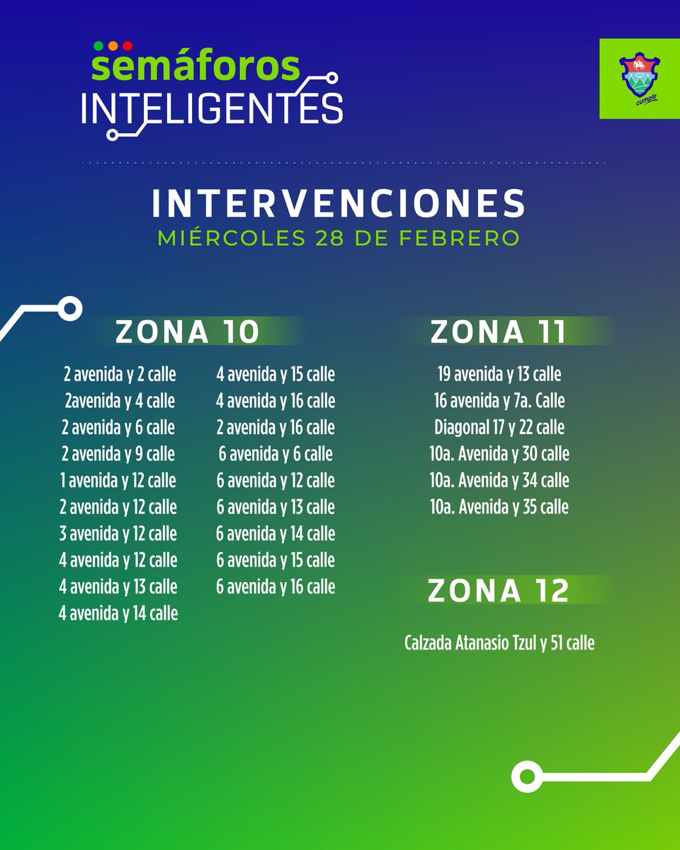 muniguate's tweet image. Esta noche los trabajos por implementación de #SemáforosInteligentes, estarán presentes en las zonas: 1, 4, 6, 9, 10, 11 y 12. 🚦