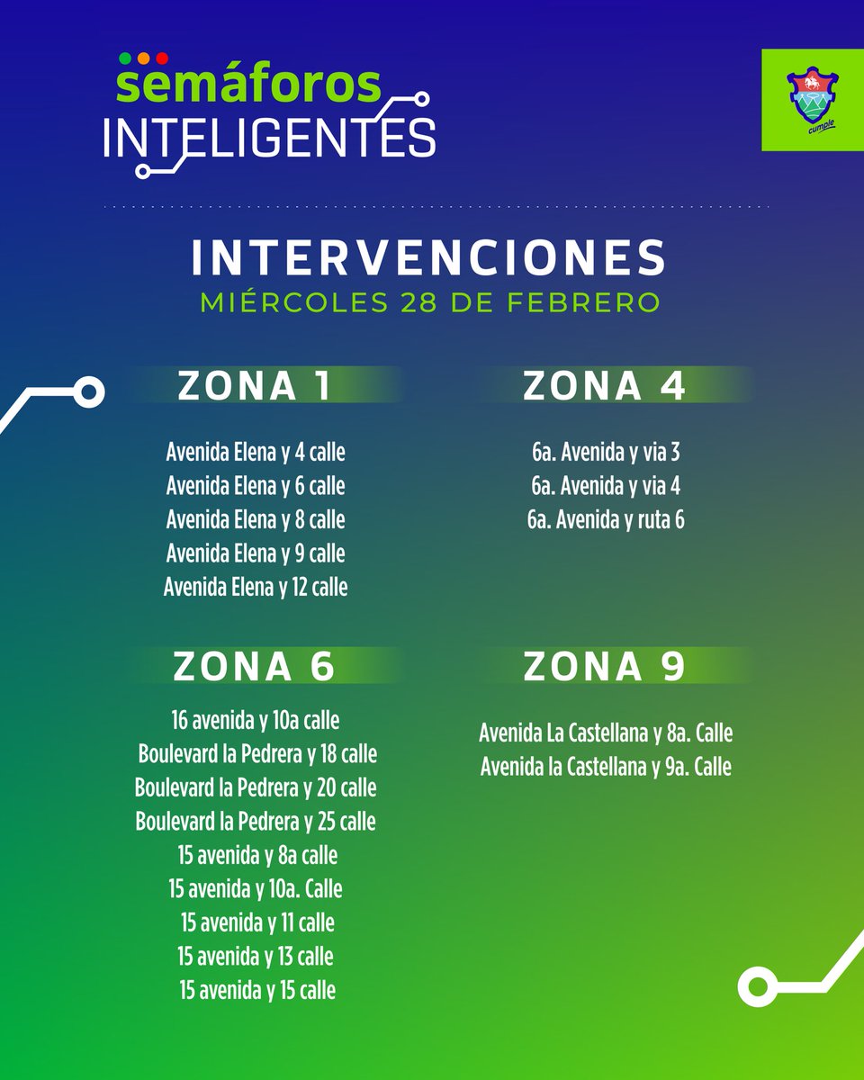 muniguate's tweet image. Esta noche los trabajos por implementación de #SemáforosInteligentes, estarán presentes en las zonas: 1, 4, 6, 9, 10, 11 y 12. 🚦
