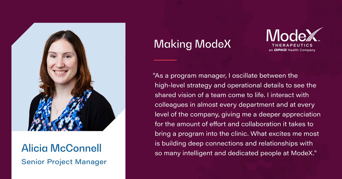 At ModeX Alicia integrates the team's many skills to progress our goal of developing transformative #multispecific medicines. Managing projects on the oncology team, she treats every day as an opportunity to advance our pipeline.

More on us: bit.ly/47Pb0GT #biotechjobs