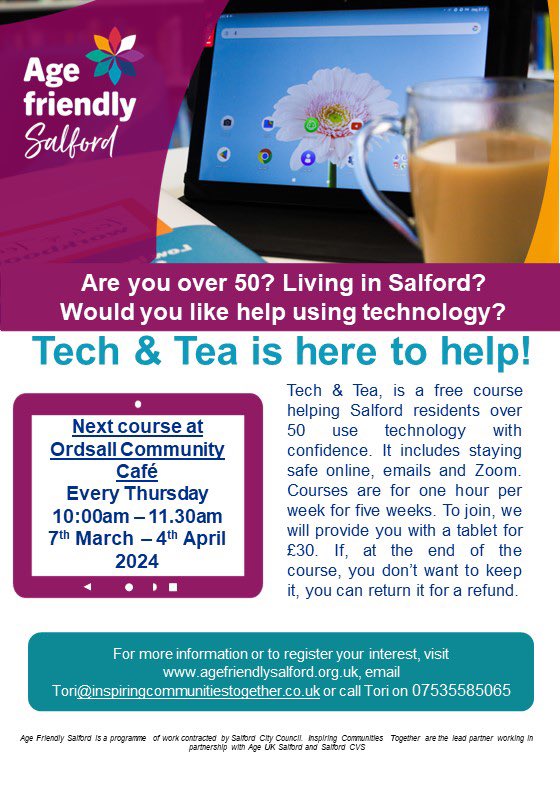 Tech & Tea starting next Thursday 7 March 10-11.30am. A great short course to build confidence to use technology. Sign up today see below or call into the cafe for further information 📲💻❓🤔 #communitylearning #Ordsall