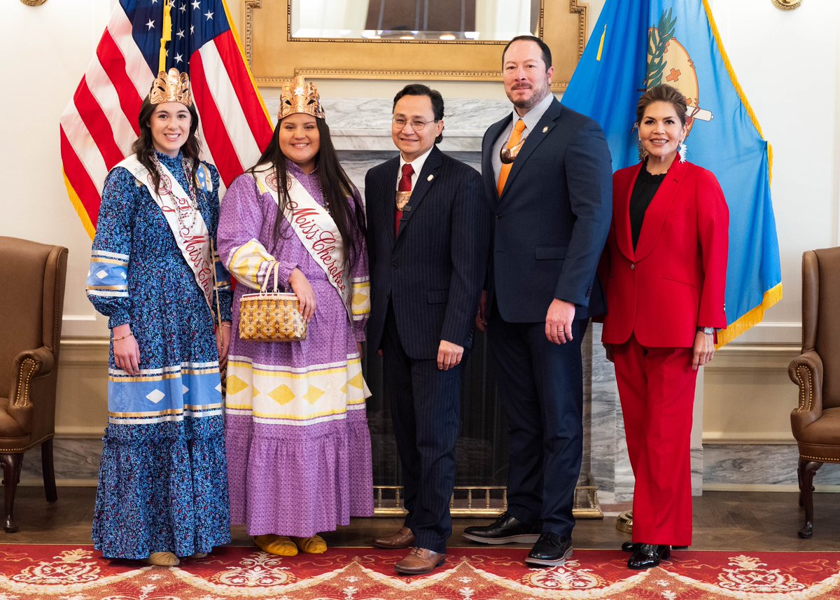 CherokeeNation's tweet photo. Cherokee Nation Legislative Day 2024 is underway at the Oklahoma State Capitol in OKC. Principal Chief @ChuckHoskin_Jr kicked off the day by addressing state legislators on the Senate floor. Then, Cherokee Nation and @CNB_Media leaders visited with @SpeakerMcCall. https://t.co/PXhAhlC77w