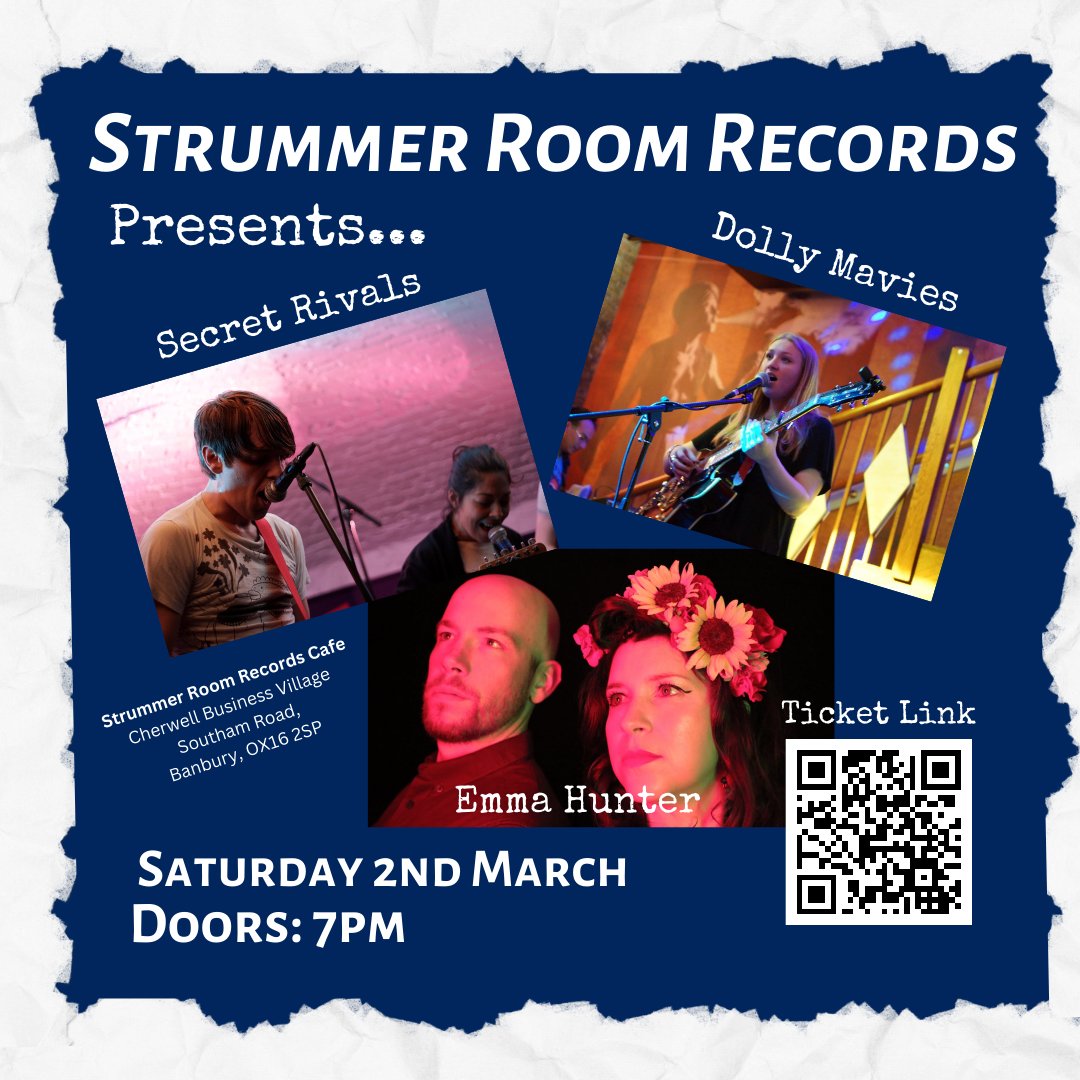 Sat 2 Mar at Strummer Room Records cafe, we have @EmmaHunter @DollyMavies @SecretRivals
A few tickets remain: wegottickets.com/event/606676

#livemusicbanbury #banburylivemusic #strummerroomrecords #supportlivemusic #supportlivemusicvenues #supportlocalmusicians #supportlocalmusicscene