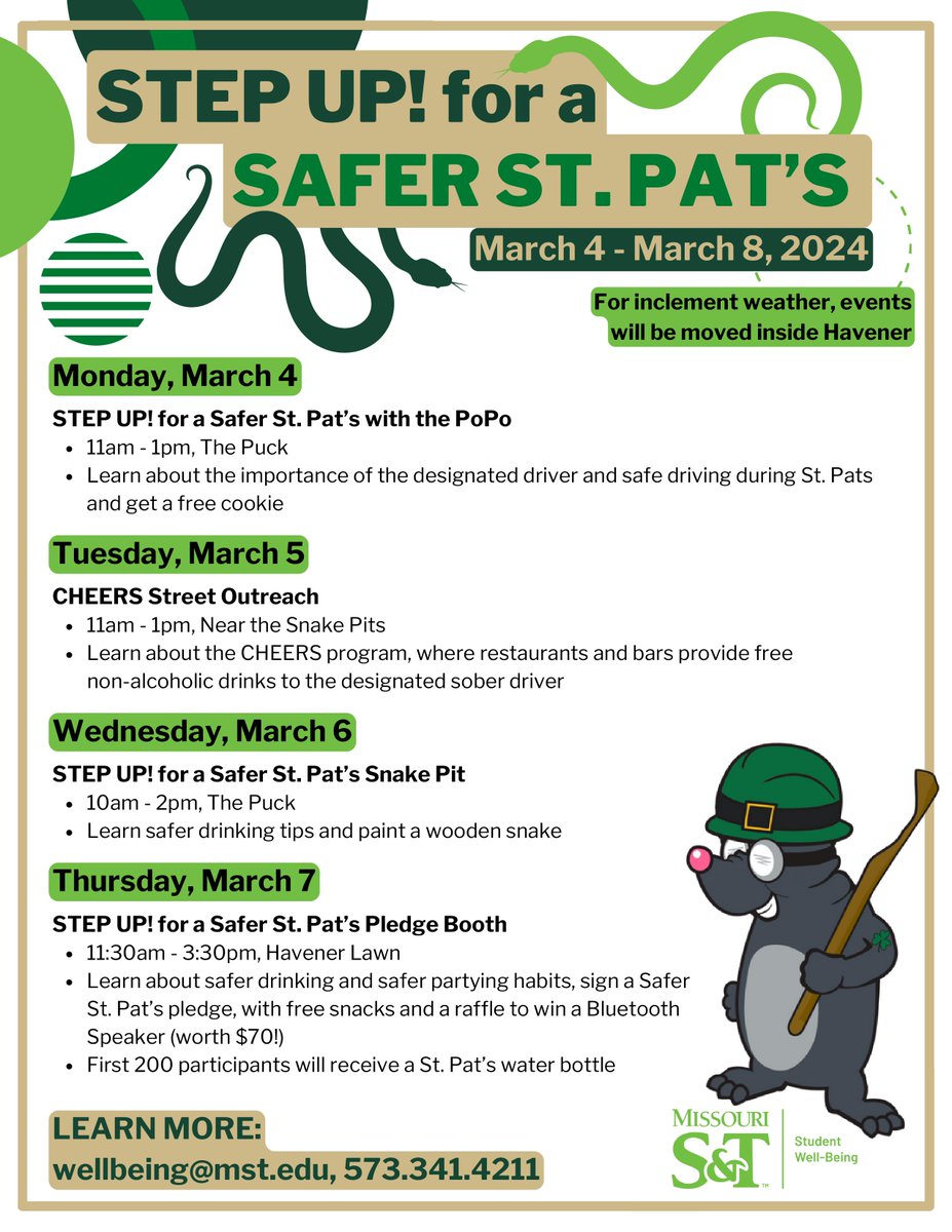 SandTGrdStudies's tweet photo. Check out next week's events for a safer St. Pat's! Hosted by Student Well-Being. #Miners #StaySafe #StPats https://t.co/t9FZWXiC0H