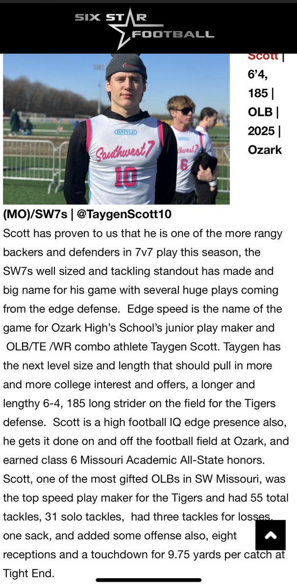 Shoutout to our guy <a href="/TaygenScott10/">Taygen Scott</a> who has been putting in the work and thank you <a href="/6starfootballMO/">Six Star Football | MISSOURI</a> for noticing!! This guy has a big ceiling! Long, rangy and very athletic!