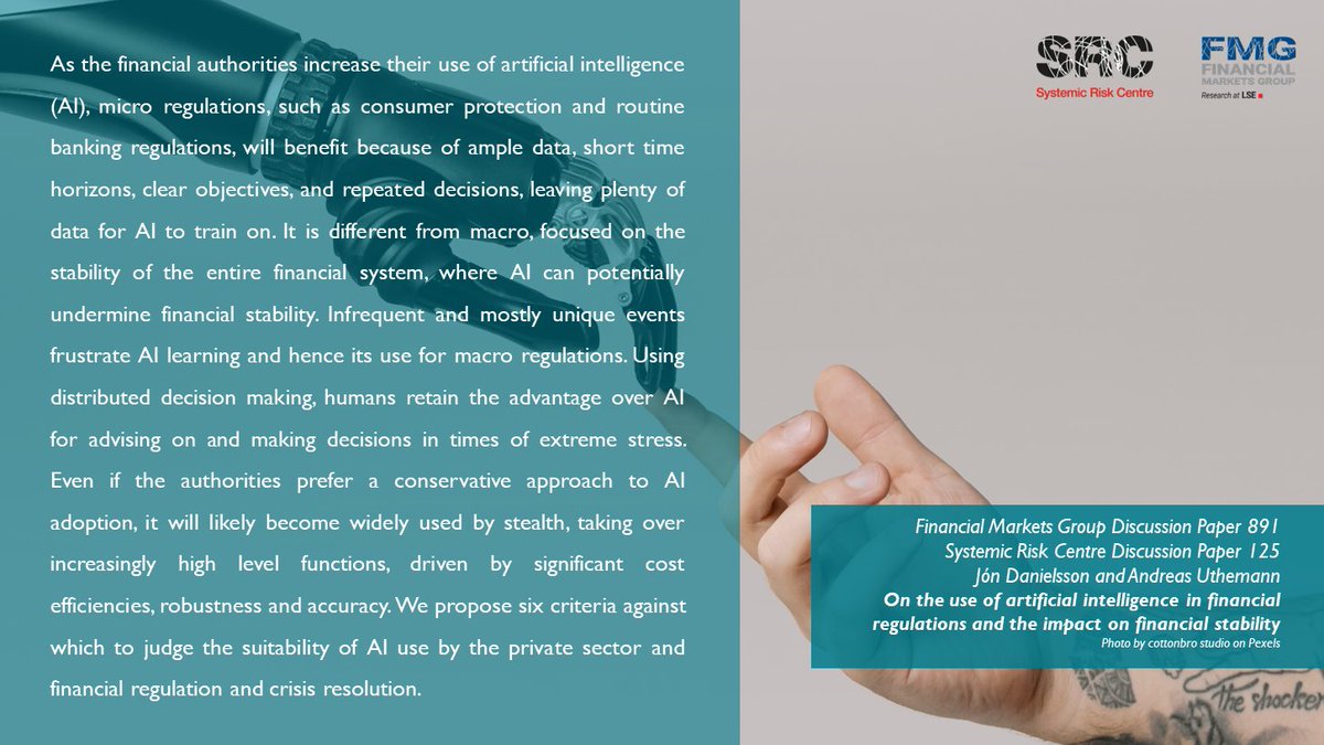 👓 Read this @LSE_SRC & @FMG_LSE DP: 📕 'On the use of artificial intelligence in financial #regulations and the impact on #financial #stability', by @JonDanielsson & Andreas Uthemann 📍 ow.ly/qa5X50QIQxt #ai #financialstability #banking #privatesector #fmg #lse #src