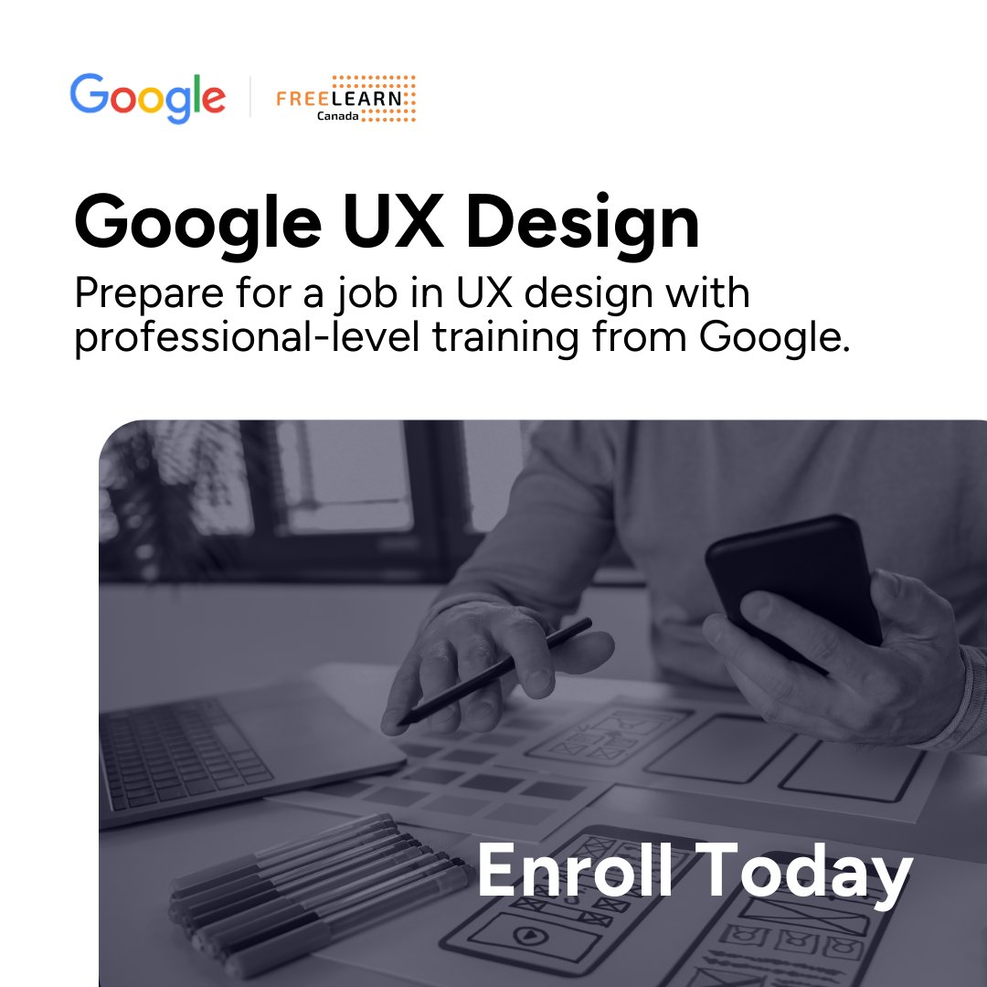 FreeLearnCanada's tweet image. Take the first step to a career in user experience design. Enroll in our free online course, Google UX Design, created by experts at Google. 

Start learning today!
freelearn.ca/product/rac-go…