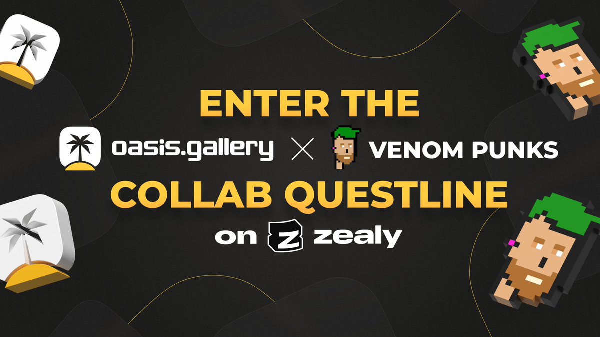 🤘#VenomPunks collab is up

The first #NFTs on #VenomNetwork  with 10K unique Punks 🔥 Join the collab questline with @Zealy_io and win 🥇5 OG or 🥈10 WL spots 🎁

zealy.io/cw/oasisgallery

Hurry up, deadline is March 13, 5 PM UTC ⏰ Get your  own a Venom Punk 💯
#VenomTestnet