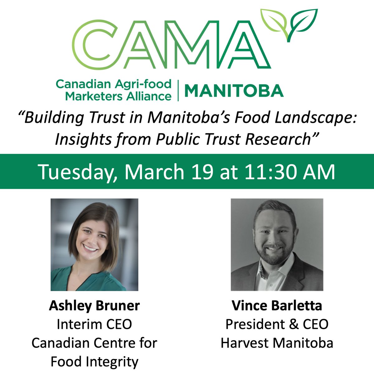CAMA_ACAM's tweet photo. Have you registered yet for the upcoming #CAMAMB lunch and learn on March 19? The event will include findings from the 2023 Public Trust in Food study and features speakers from @foodintegrityca and @HarvestManitoba
Register now: https://t.co/Q24kjM1XIU https://t.co/bWMZht8dUl