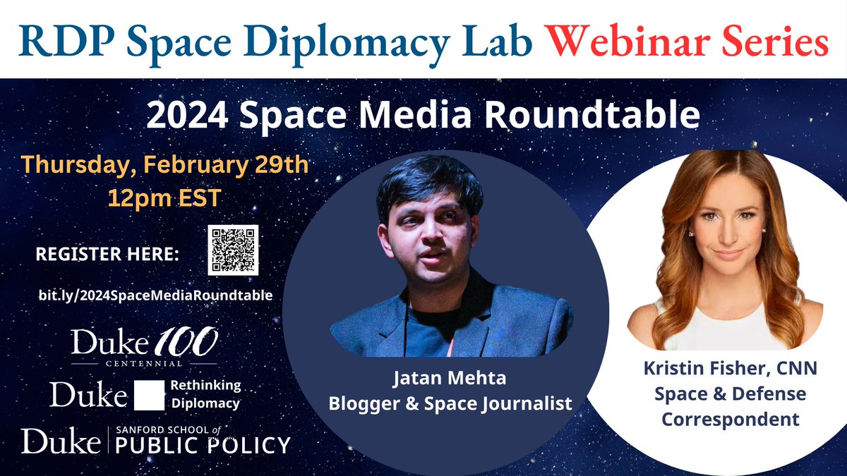 Tomorrow, Thursday February 29th The RDP Space Diplomacy Lab is hosting its 3rd annual virtual Space Media Roundtable with CNN's @KristinFisher and Jatan Mehta @themoonmehta @BLSchmitt @DukeSanford Register here: bit.ly/2024SpaceMedia…