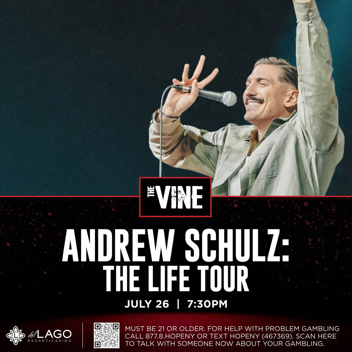 IT'S PRESALE TIME 🙌🏼 Use code 'SCHULZ' for exclusive access to The Andrew Schulz tickets. Catch a night of unfiltered comedy with your friends and family. Click here for tickets 👉 loom.ly/1UEzzSs Presale closes on Friday, March 1 at 8AM. #delLagoNY #AtTheVine