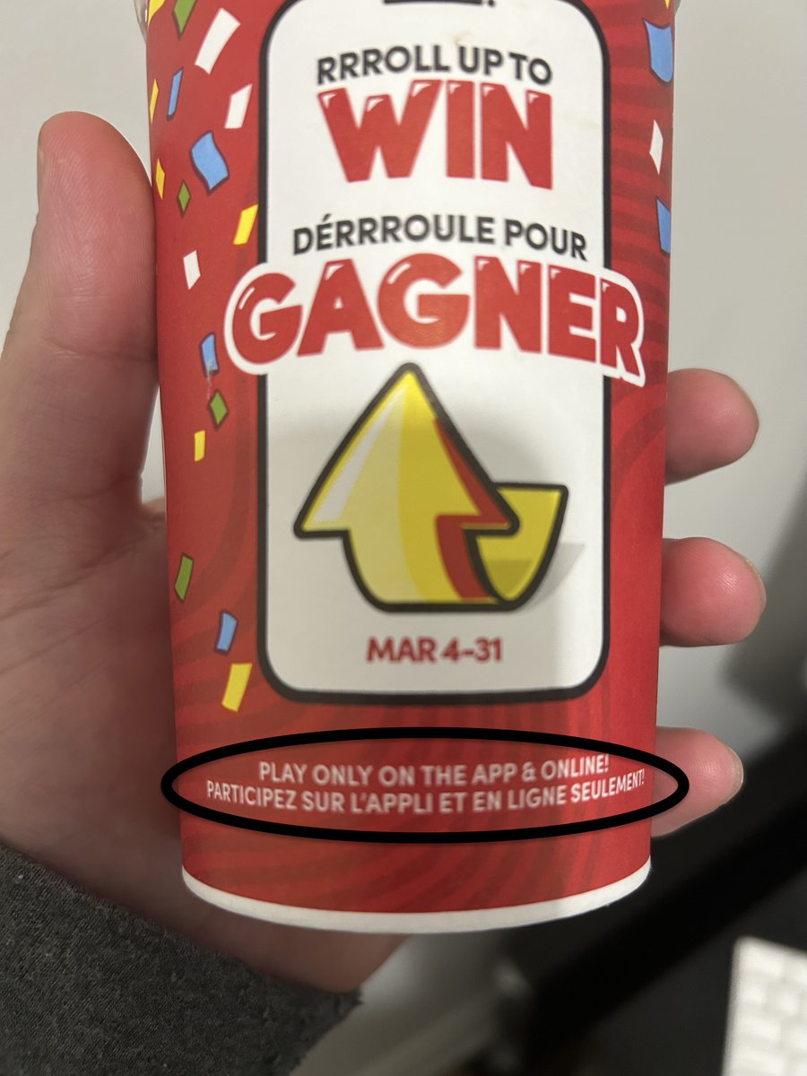 Sina Azimi, PhD (@sinazimi) on Twitter photo Talk about contradicting signifiers in design. Roll up the rim in text, plus an upward pointing arrow to encourage users to roll up the rim. With a contradicting signifier instructing users to only play on the app and online. Make it make sense <a href="/TimHortons/">Tim Hortons</a> Talk about contradicting signifiers in design. Roll up the rim in text, plus an upward pointing arrow to encourage users to roll up the rim. With a contradicting signifier instructing users to only play on the app and online. Make it make sense <a href="/TimHortons/">Tim Hortons</a>