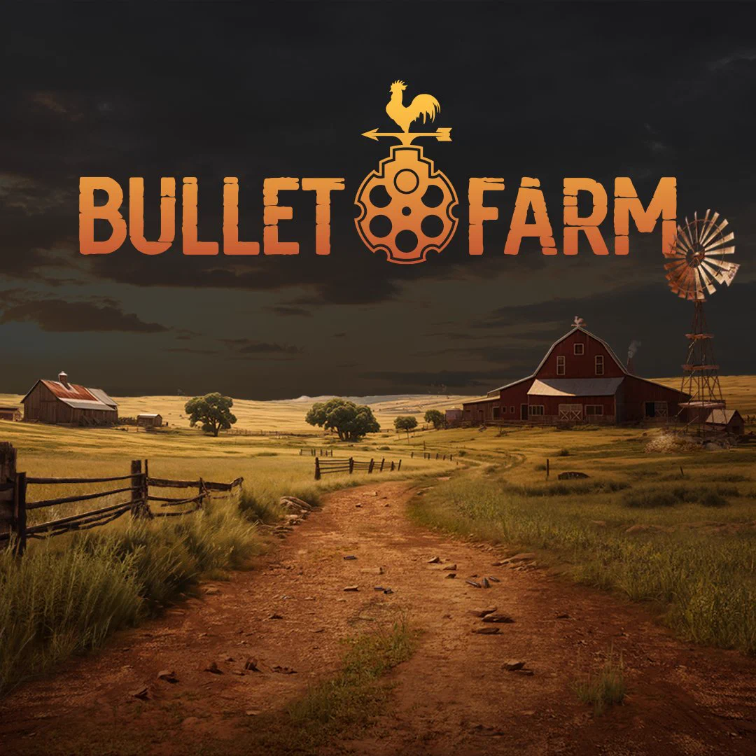 A picture of a barn sitting in the countryside. A dusty and rocky road is cutting through the fields of grass and leads to the barn and a weathervane. The sky is dark and cloudy, and a yellow-orange logo reading BULLET FARM is written in it.