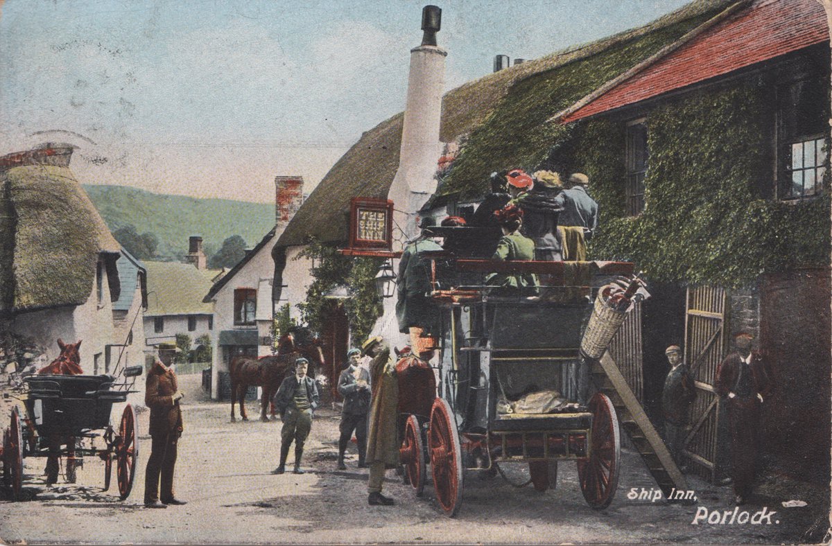 Porlock's Ship Inn, posted in 1904 to Mr Baldwin, Harrow-on-the-Hill:
We are having a very good time. Spending most of our time up on breezy Exmoor.

#PostedInThePast #Genealogy