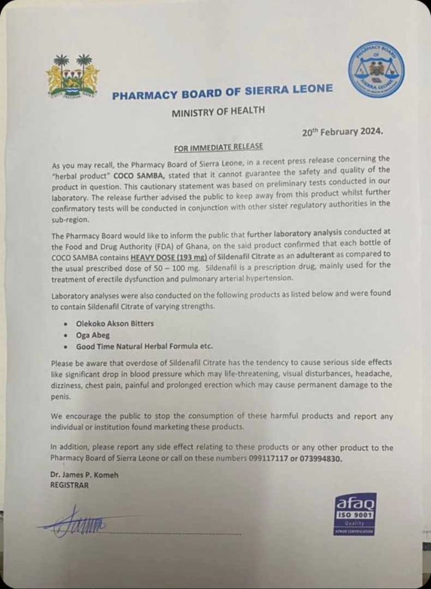 BE INFORMED!

I wrote some three weeks ago. Now, it has been confirmed that many of these bitter add sildenafil to their bitters.

Pharmacy Board of Sierra Leone analysed Coco Samba and found out that it contains a staggering 193mg of Sildenafil. For context, the maximum