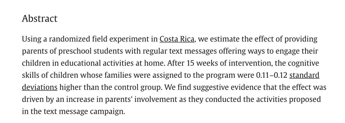 In #CostaRica: Supporting early childhood development remotely: Experimental evidence from SMS messages 

🤳 buff.ly/48veb6j via <a href="/sciencedirect/">Elsevier | ScienceDirect</a> <a href="/jmhagramontec/">Juan Hernández-Agramonte</a> <a href="/enaslundhadley/">Emma Naslund-Hadley</a> <a href="/loretob1/">Maria Loreto Biehl.</a>

"This intervention offers a cost-effective complement to remote learning at home."