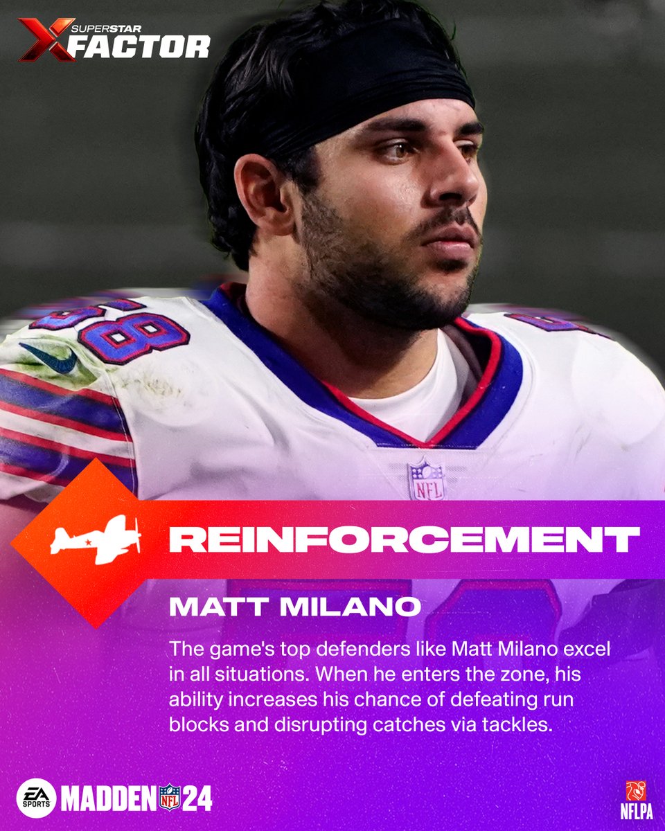 EAMaddenNFL's tweet image. Matt Milano gains the Reinforcement X-Factor ‼️  

#BillsMafia | #Madden24