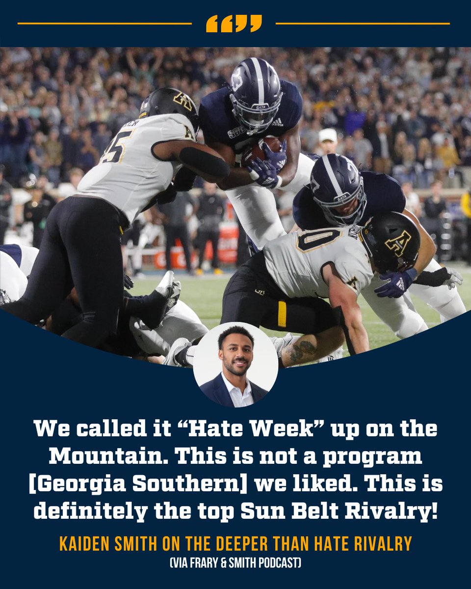 FraryandSmith's tweet image. 𝗛𝗔𝗧𝗘 𝗪𝗘𝗘𝗞

𝕯𝖊𝖊𝖕𝖊𝖗 𝕿𝖍𝖆𝖓 𝕳𝖆𝖙𝖊 is the @SunBelt’s best football rivalry!

@kaiden__smith says “The records are genuinely thrown out the window” when @AppState_FB &amp;amp; @GSAthletics_FB meet!

📺 WATCH: youtu.be/DSBszoY75yM