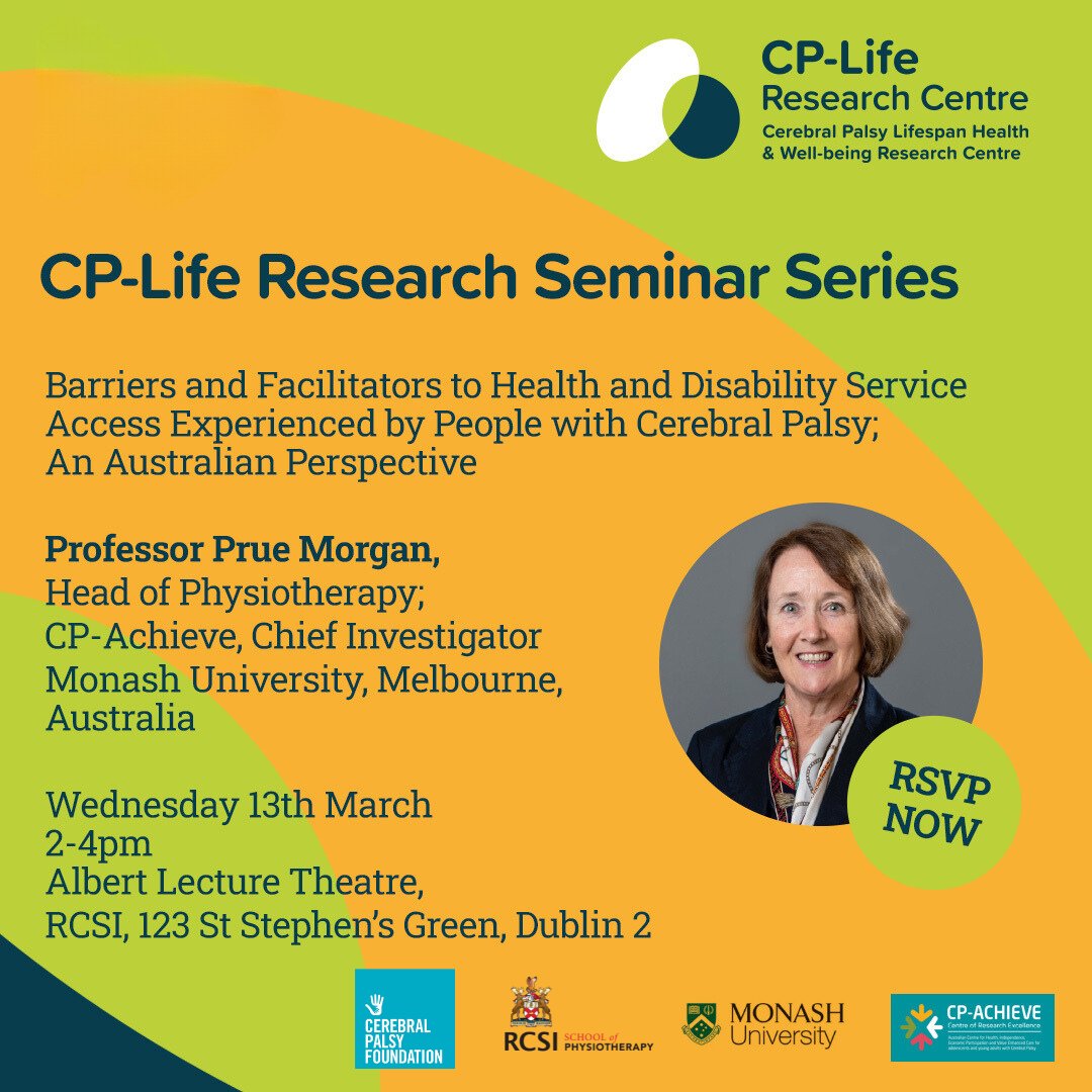 Join our first CP-Life Research Seminar on the latest #cerebralpalsy research @RCSI_Irl . Prof Prue Morgan will be talking about Barriers and Facilitators to Health and Disability Service Access Experienced by People with #CP; an Australian Perspective. bitly.ws/3etgM