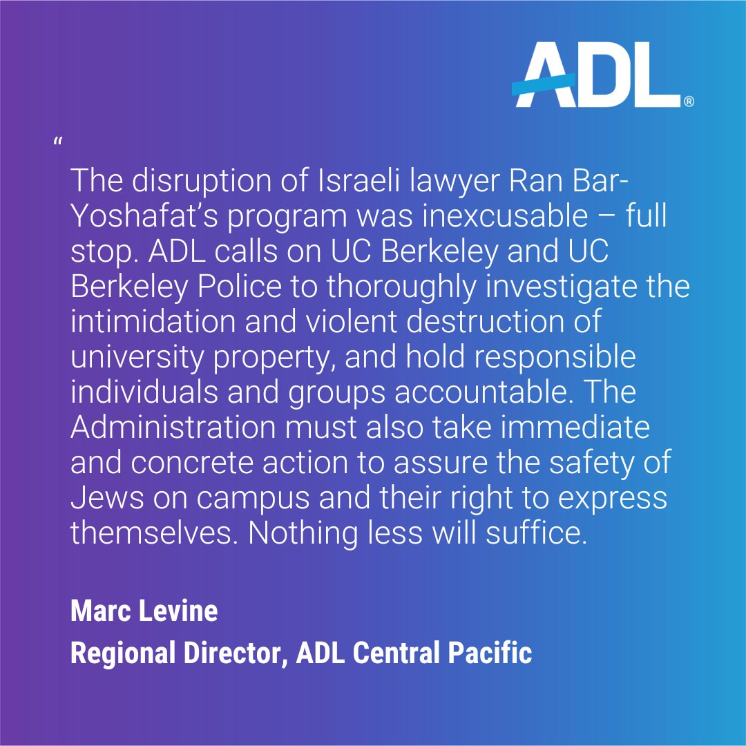 ADL Central Pacific Regional Director @MarcLevine addresses the disruption of Israeli lawyer Ran Bar-Yoshafat’s program at @UCBerkeley. Read more here: jweekly.com/2024/02/27/im-…